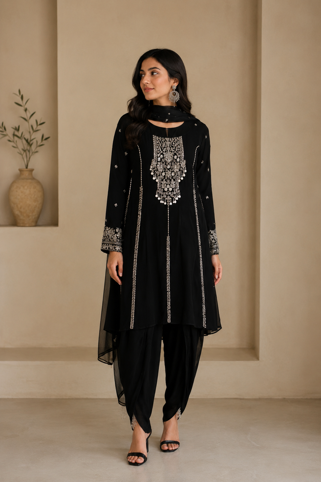Black Tulip Pant Suit with Silver Embroidery