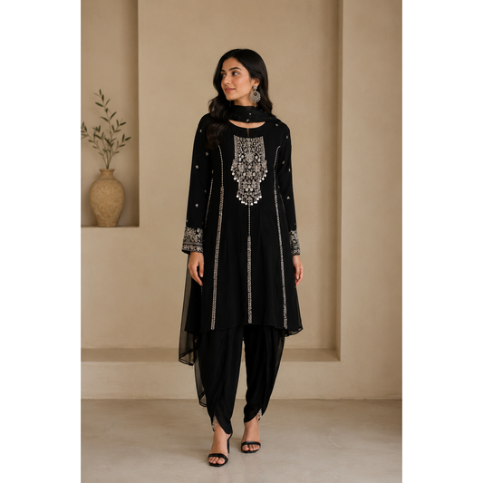 Black Tulip Pant Suit with Silver Embroidery