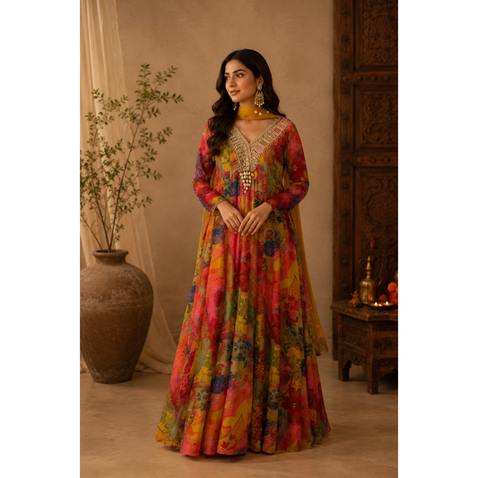Long Yellow and Purple Crepe Anarkali