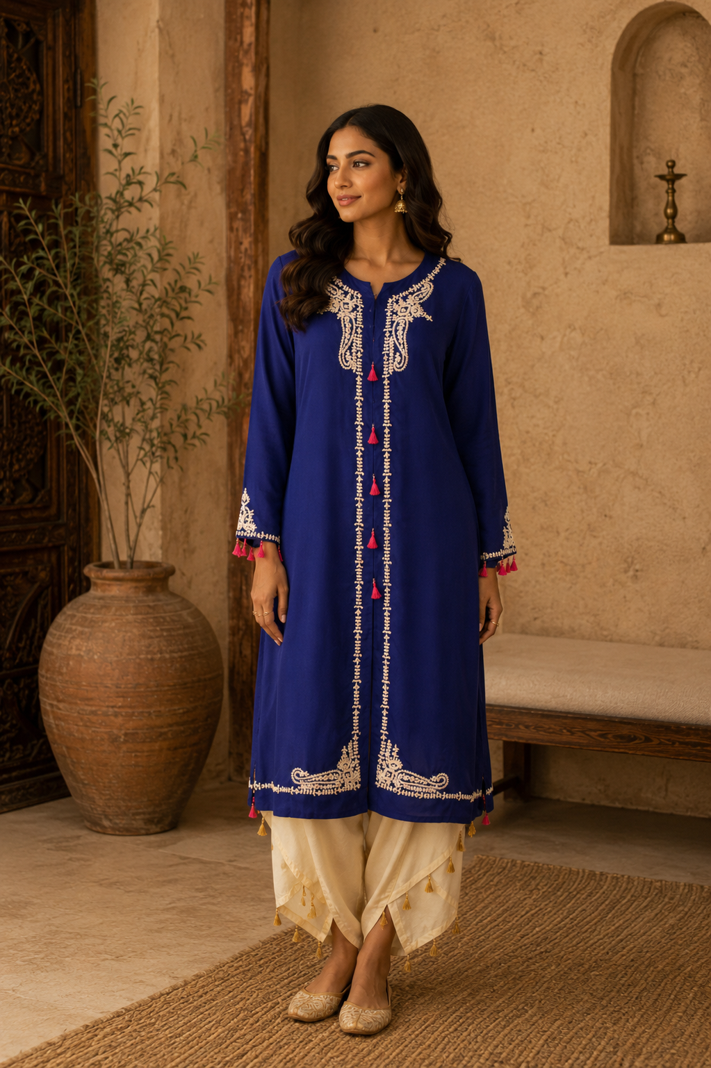 Blue Satin Suit with white pants