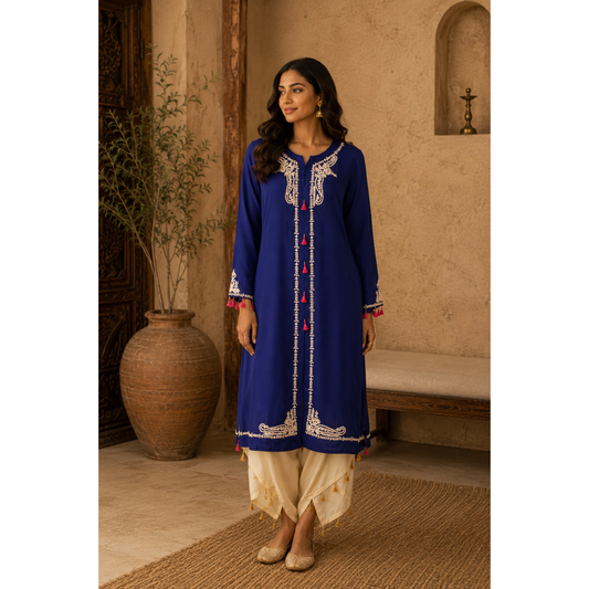 Blue Satin Suit with white pants