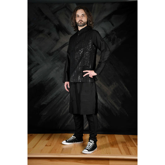 Black Men’s Kurta with Nehru Jacket & Mirror Work