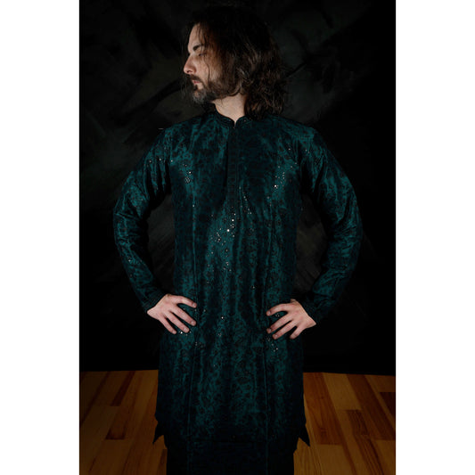 Dark Green Embroidered With Mirror Work Kurta Set – Elegant Men’s Kurta for Festive Occasions