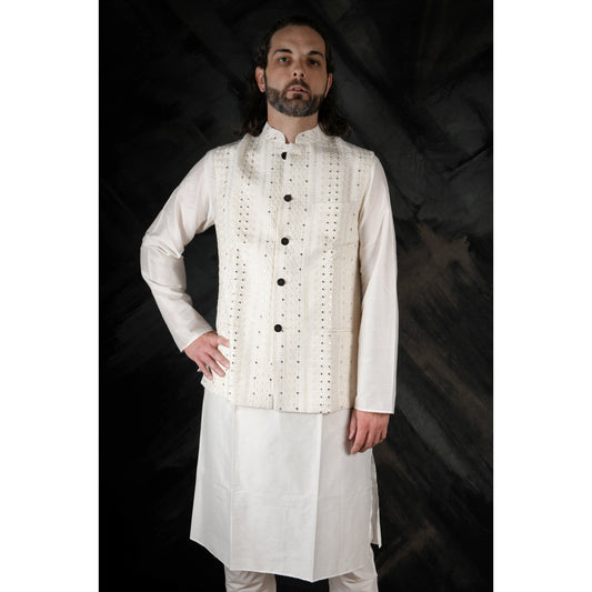 Men's White Kurta Set with Sequin Work & Nehru Jacket – Elegant Festive Wear