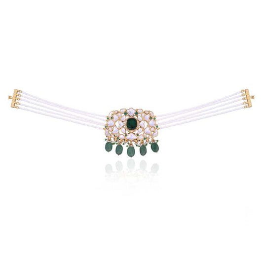 Gold Finish Kundan Polki Choker Necklace in Pure Silver