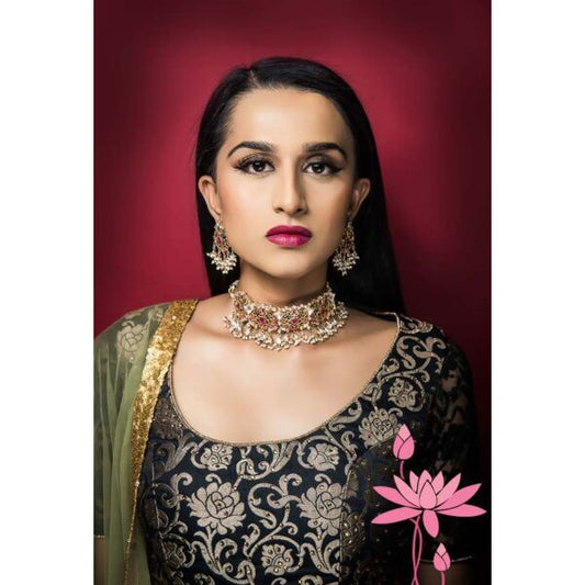 Gold Finish Silver Choker with Delicate Kundan Work, Ruby and Sapphire Stones – Elegant Choker Set with Earrings