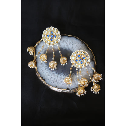 Royal Blue Kundan Jhumka Statement Earrings with Pearl Drops