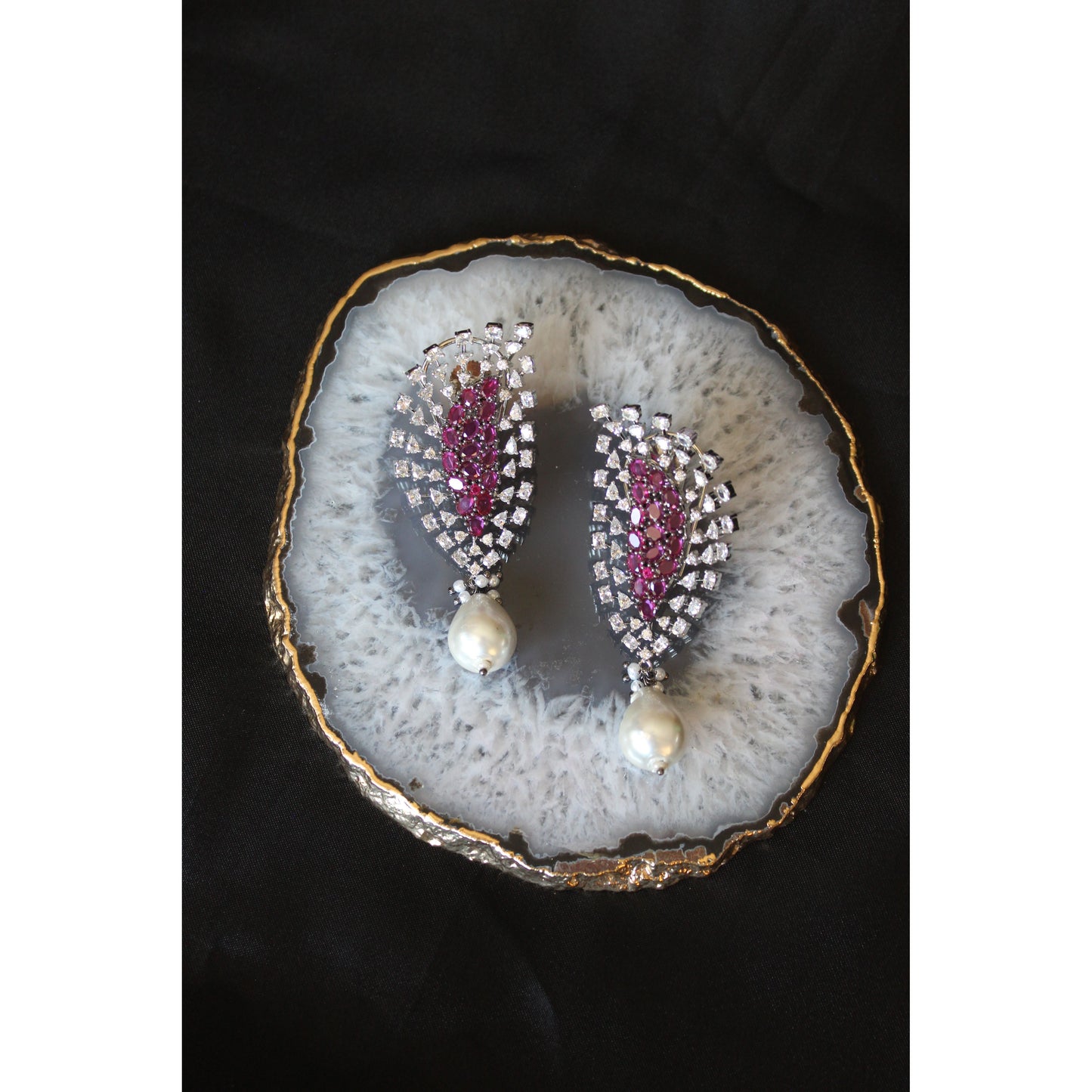 Ruby Pearl Leaf Drop Statement Earrings