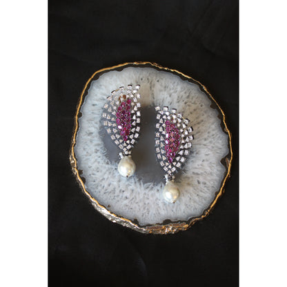 Ruby Pearl Leaf Drop Statement Earrings