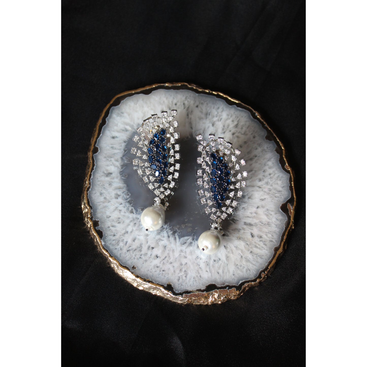 Sapphire Pearl Leaf Drop Statement Earrings