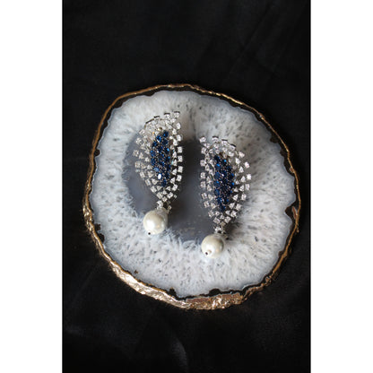 Sapphire Pearl Leaf Drop Statement Earrings