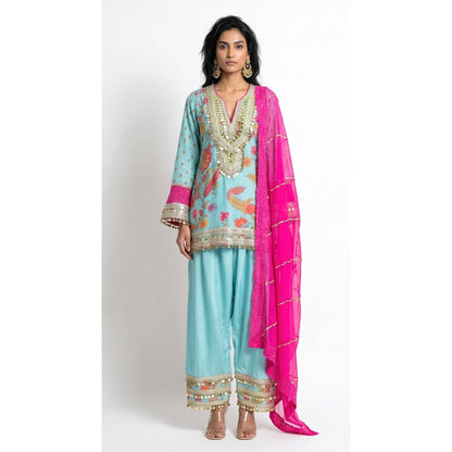 Blue Cotton Silk Floral Kurta Set