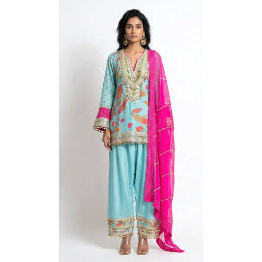 Blue Cotton Silk Floral Kurta Set