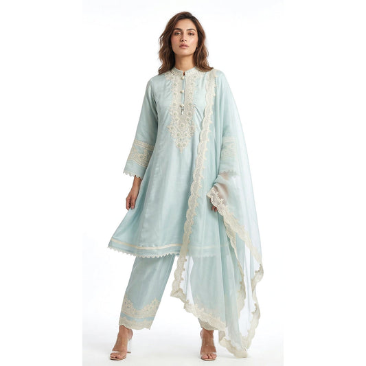 Aqua Cotton Suit with White Embroidery