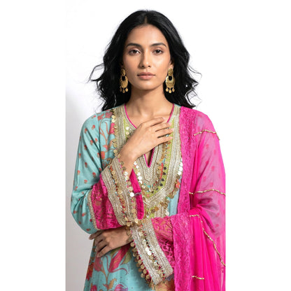 Blue Cotton Silk Floral Kurta Set