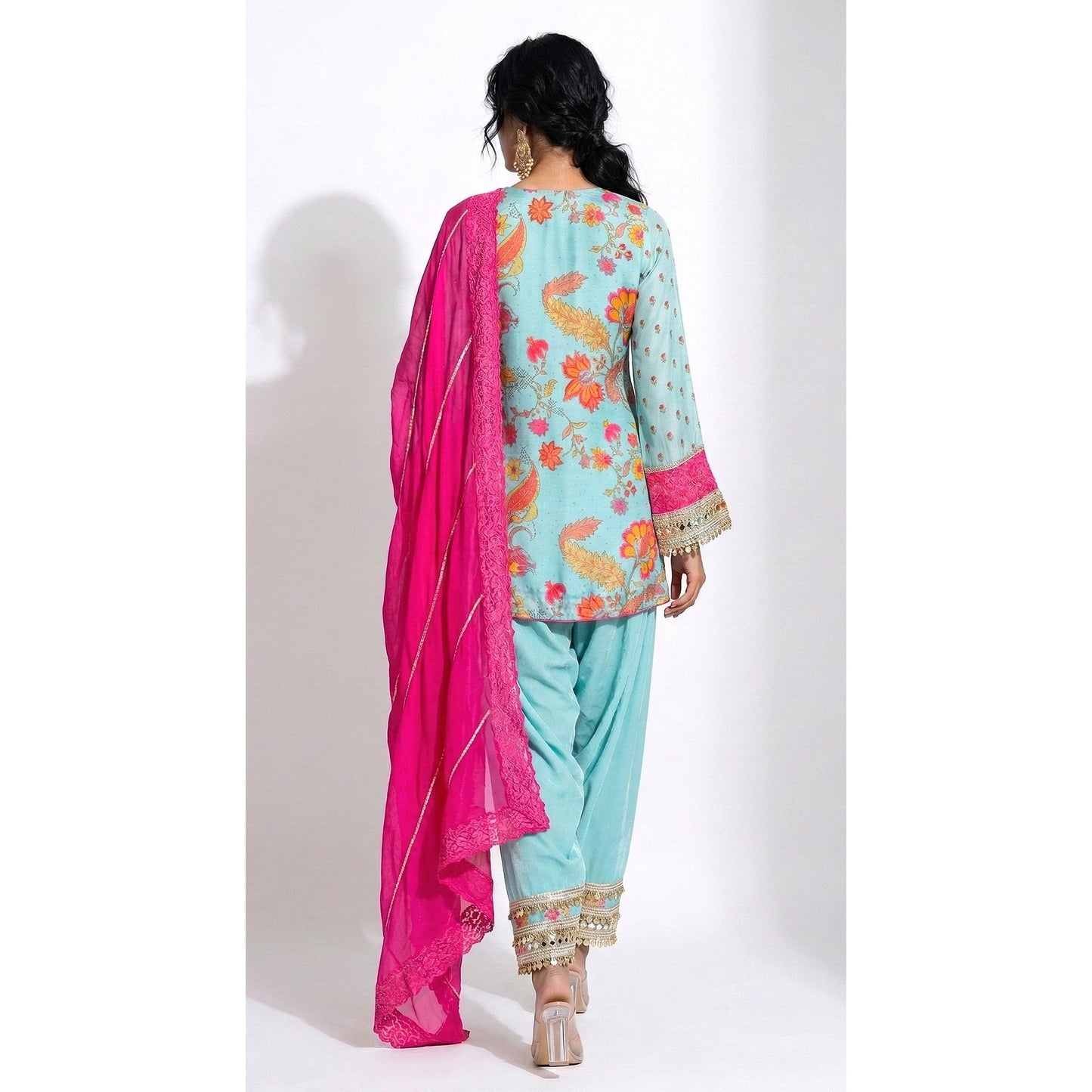 Blue Cotton Silk Floral Kurta Set