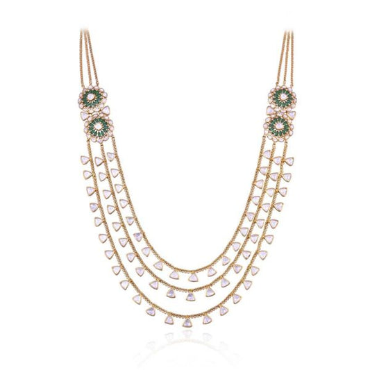 Long Layered Kundan Necklace with Moissanite Kundan and Emerald Stone