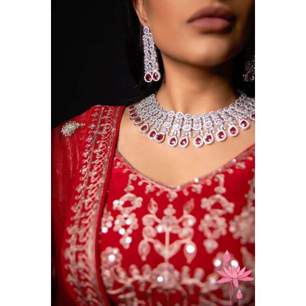 Maliha Victorian Bridal Ruby Set: A Glamorous Bridal Set in Cubic Zirconia and Glass Ruby