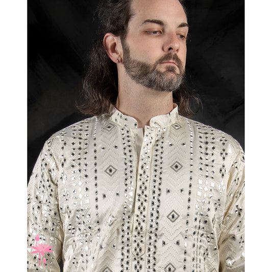Men’s White Kurta Set with Mirror Sequin Work – Elegant Festive Attire