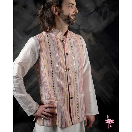 Light Pink Mirror Work Nehru Jacket – Stylish Nehru Jacket with Intricate Mirror Embroidery