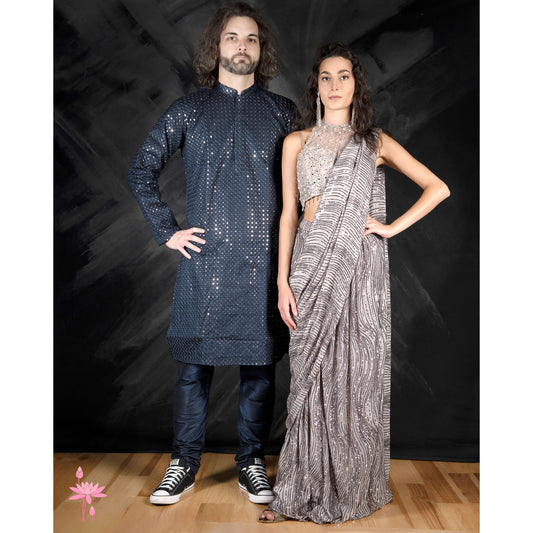 Blue Men's Mirror Work Kurta Set