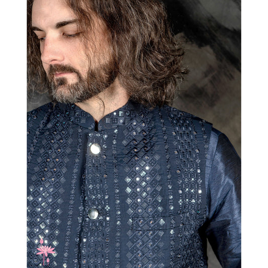 Blue Men’s Kurta with Nehru Jacket & Mirror Work