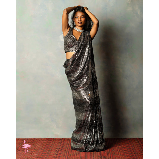 Silver and Black Sequin Saree