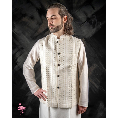 Men's White Kurta Set with Sequin Work & Nehru Jacket – Elegant Festive Wear
