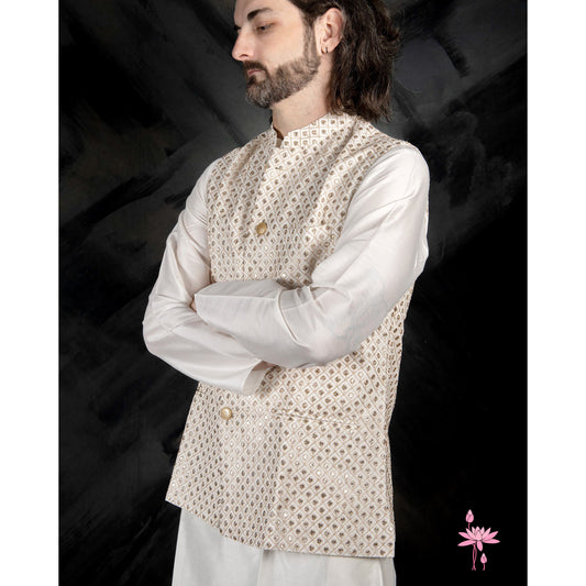 Men's White Kurta Set with Sequin Work & Nehru Jacket – Elegant Festive Wear