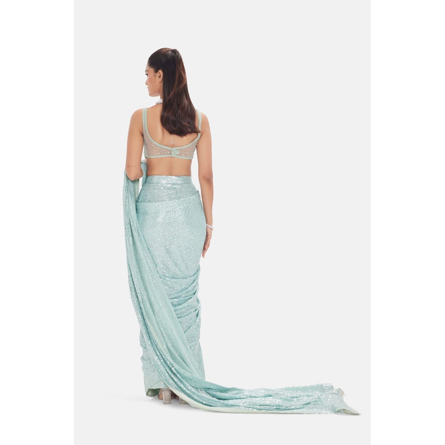 Sage Green Sequin Fusion Saree