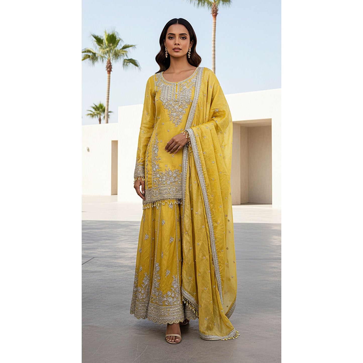 YELLOW TISSUE EMBROIDERED SHARARA SET