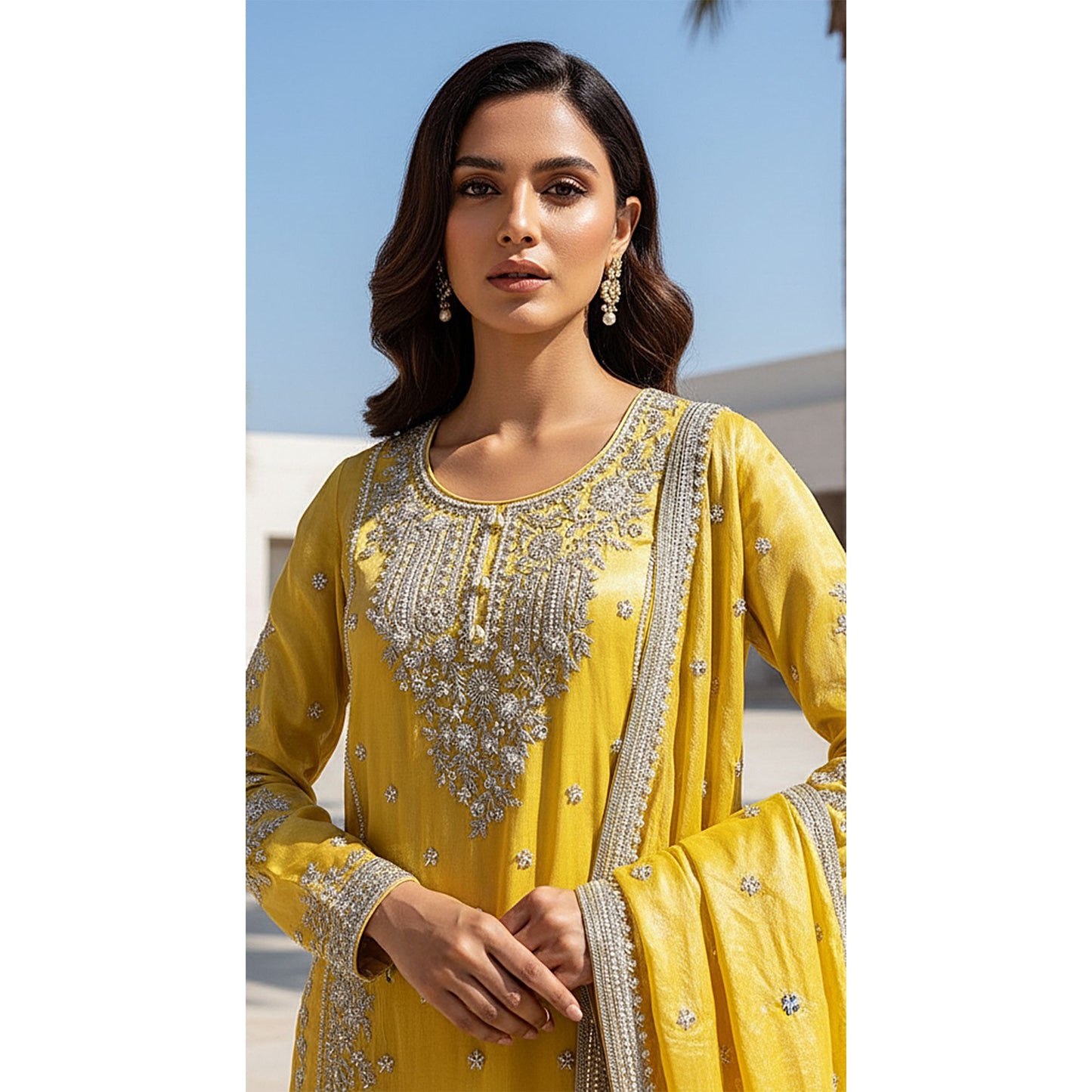 YELLOW TISSUE EMBROIDERED SHARARA SET