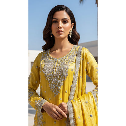 YELLOW TISSUE EMBROIDERED SHARARA SET