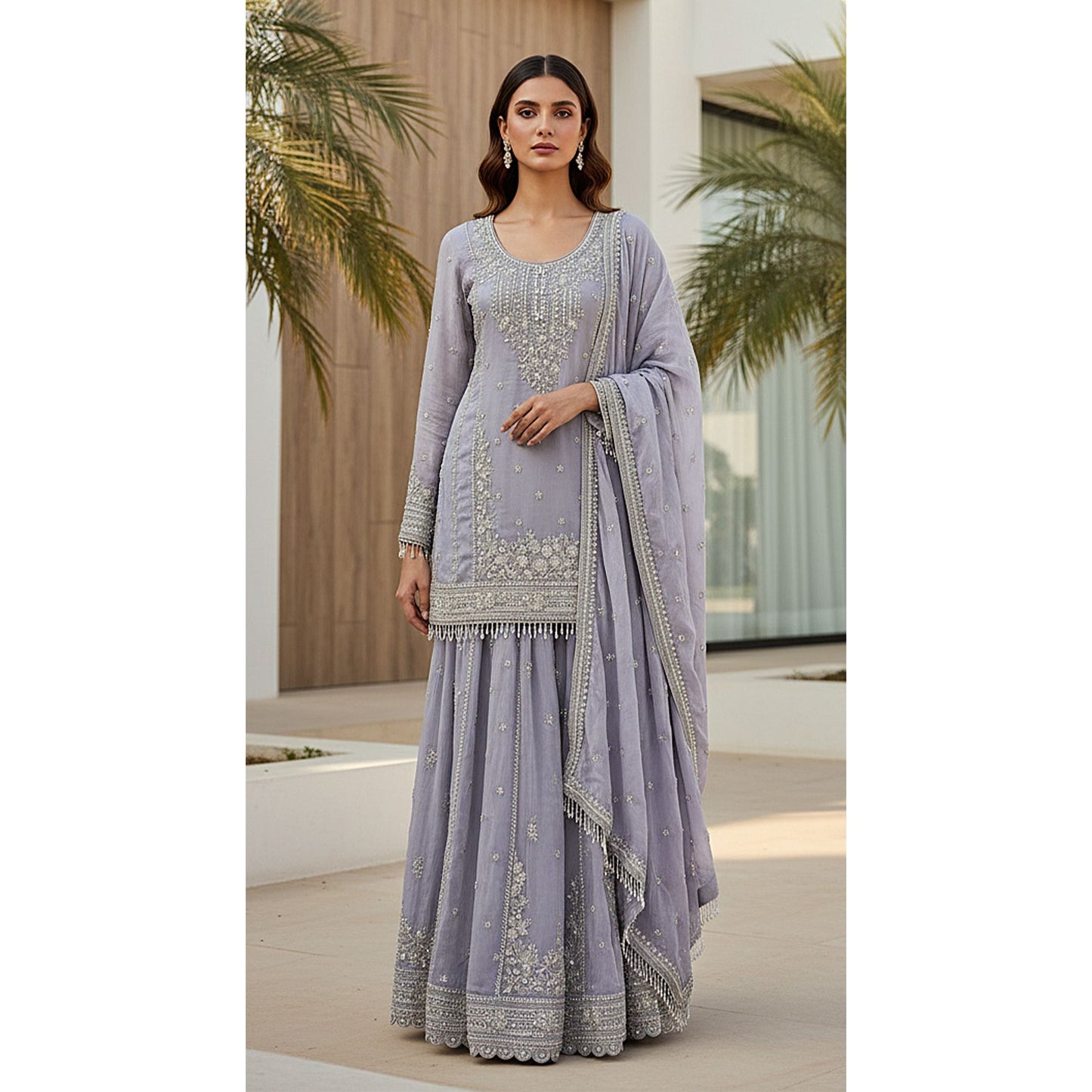 LILAC TISSUE EMBROIDERED SHARARA SET