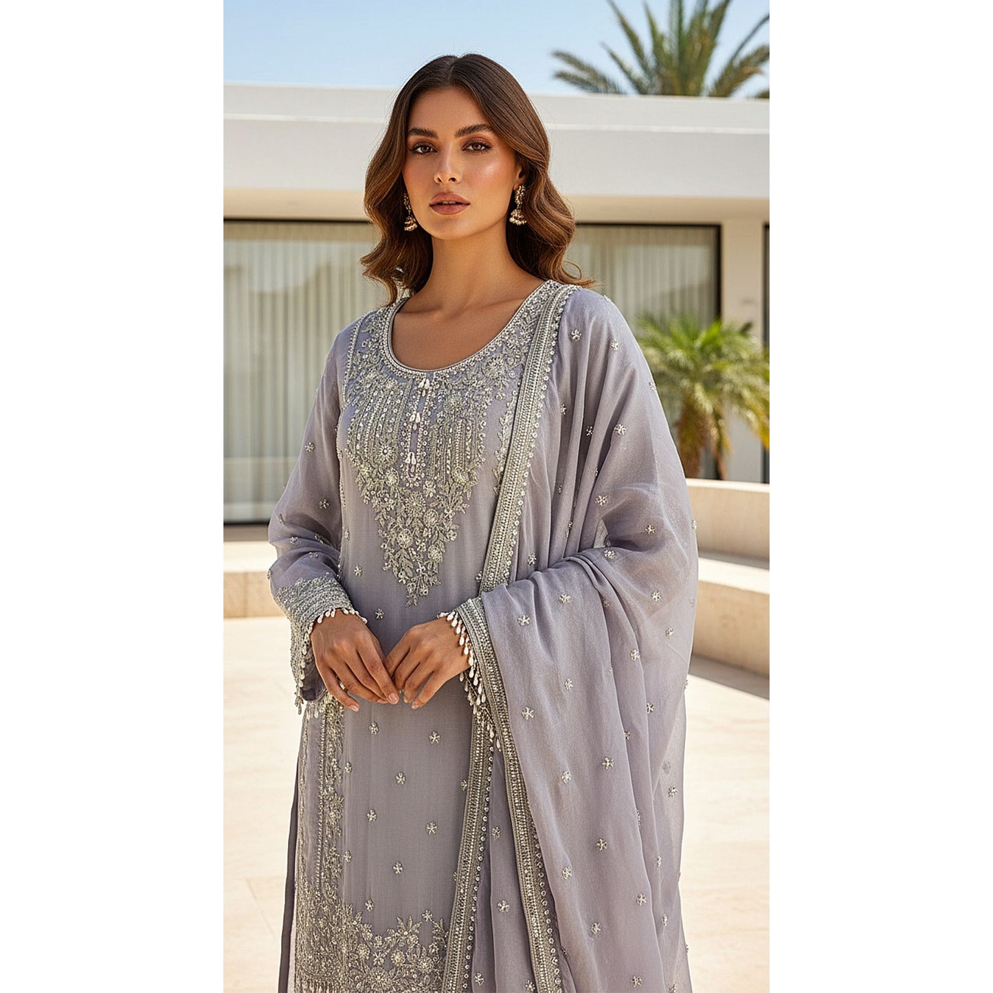 LILAC TISSUE EMBROIDERED SHARARA SET