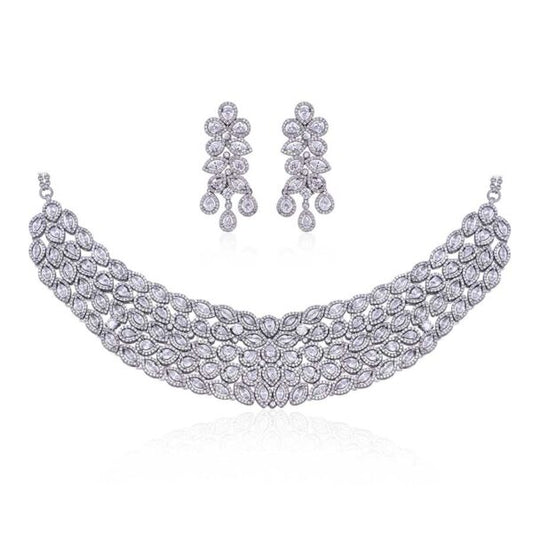 Sparkling Zircon Necklace Set with Chandelier Style Earrings in Rhodium Shade