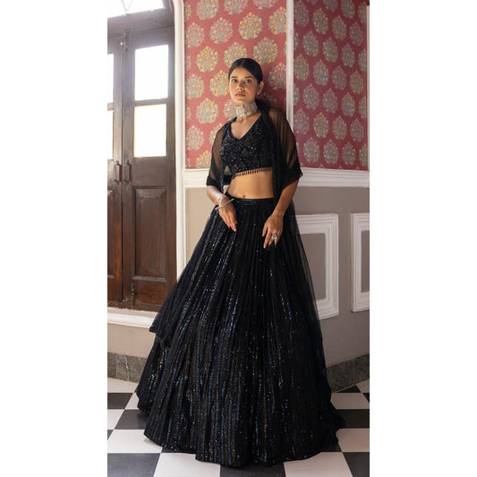 Black Sequins Lehenga With Velvet Blouse