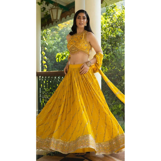 Canary Yellow Hand Embroidered Lehenga Set