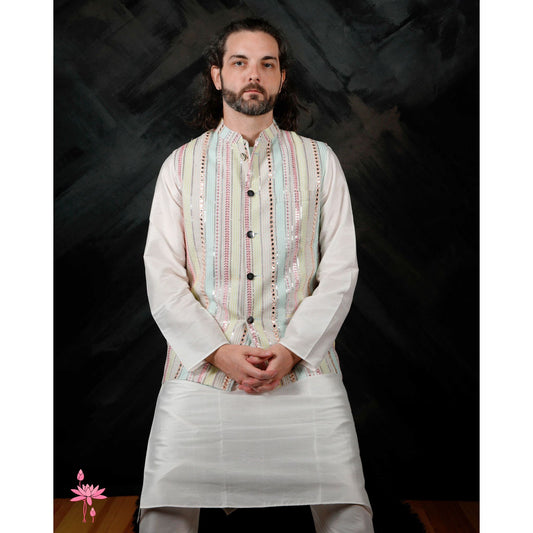 Light Blue Men’s Kurta Set with Embroidered Nehru Jacket – Elegant Festive Wear for Men