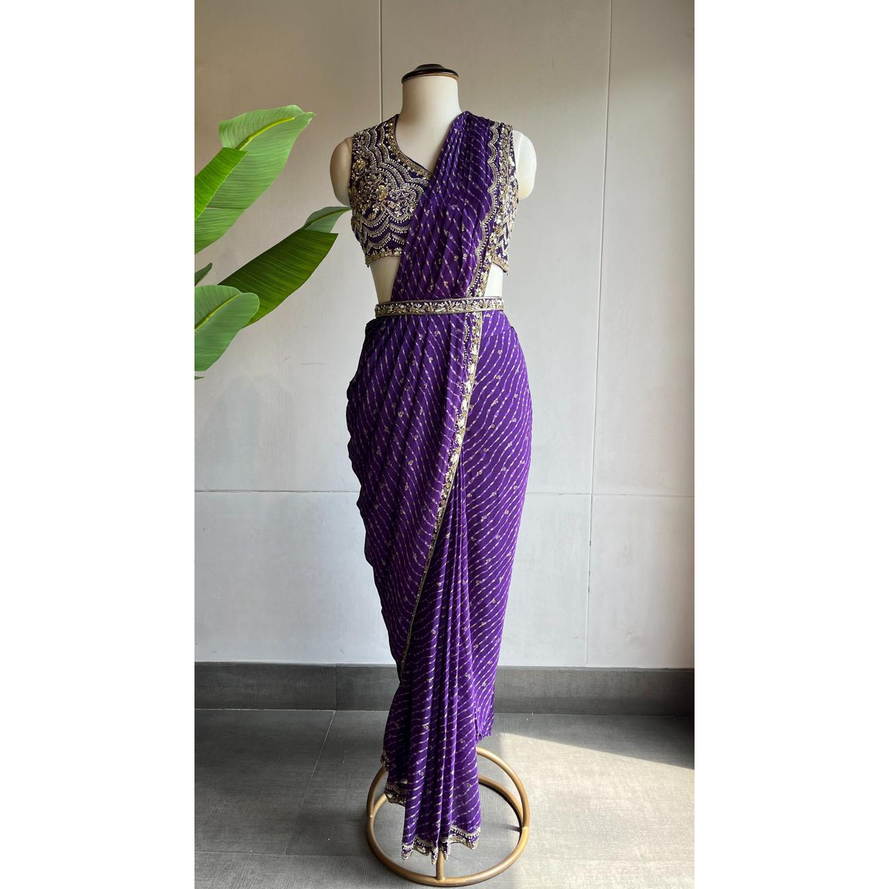 Purple Georgette Lehriya Saree with Fully Embroidered Blouse