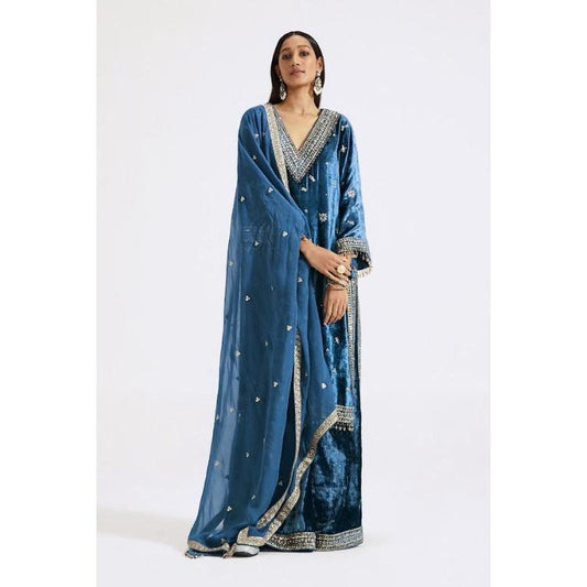 Blue Velvet Embellished Sequins V-neck Floral Kurta Pant Set