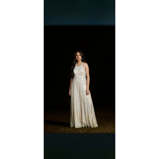 Ivory Georgette Embroidered Sequins Halter Neck Flared Jumpsuit