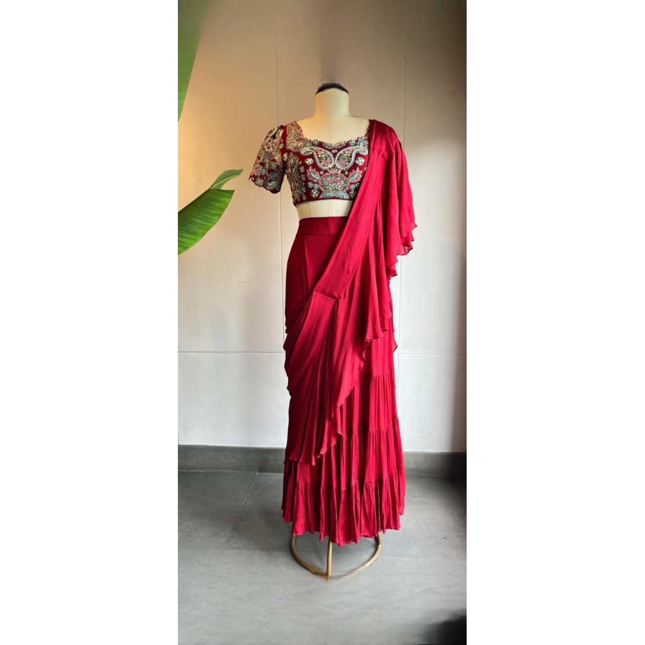 Red Ruffle Saree with Intricate Embroidery Details