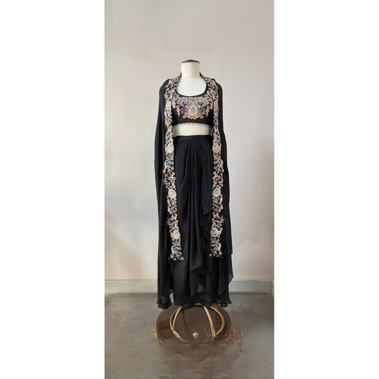 Black Embroidered Floral Cape Set