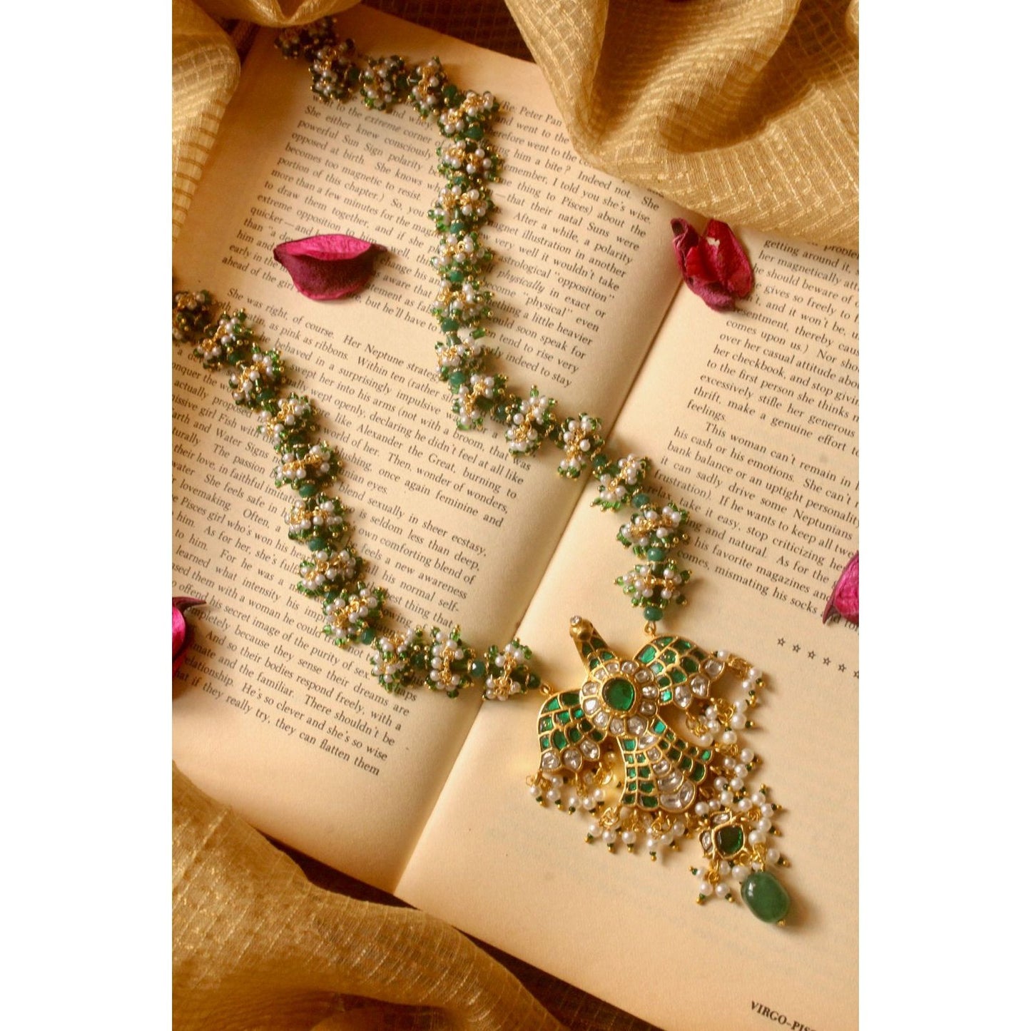 Green Bead Mala with a Peacock Tukdi