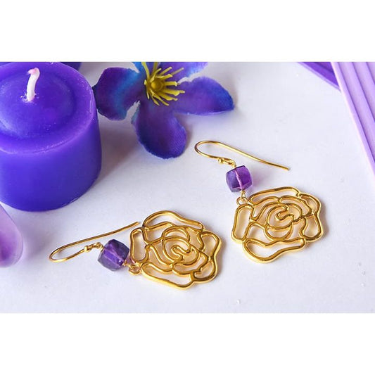 Silver Earrings in gold finish with amethyst for spiritual healing
