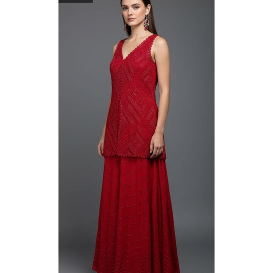 Ruby Red Georgette Sharara Set
