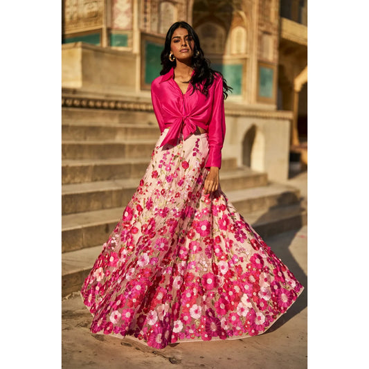 Front Tie Top & 3D Floral Lace Skirt Set