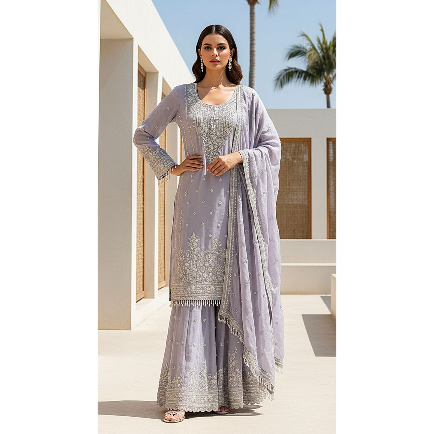 LILAC TISSUE EMBROIDERED SHARARA SET