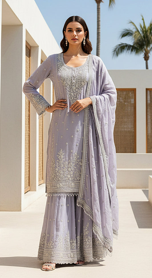 LILAC TISSUE EMBROIDERED SHARARA SET